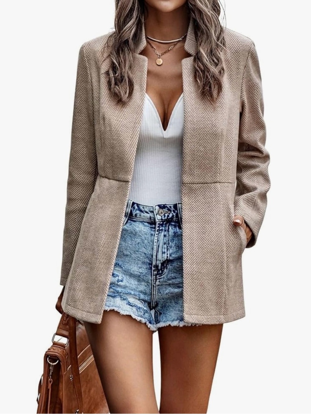Stylish khaki herringbone blazer S - Picture 2 of 10